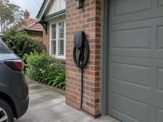 Wall-mounted EV charger on a brick garage wall beside a driveway in Artarmon